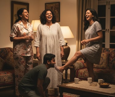 a three girl stand in the hostel room one boy clean their slipper with their nose