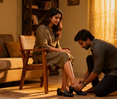 a indian wife sitting on chair in home a husband remove their shoes