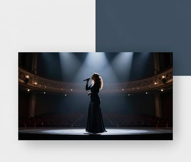 A dramatic wide shot of Maylin Cruz performing on an opera house stage, seen from the side wings. The silhouette of the singer is highlighted against the stage lights, using a palette of #2B2D42 and #F5F0EC.