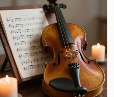 A close-up of a classical violin and a sheet of music on a dark wooden stand. The sheet music features handwritten notes. The scene is illuminated by a single warm candle, creating a mood of refined artistry. Colors used are #2B2D42, #F5F0EC, and #8D6A6A.