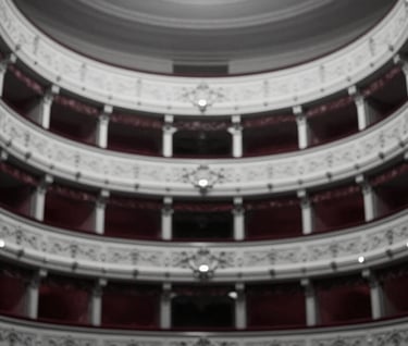 An artistic black and white style shot of an opera house's red velvet curtains and gold detailing. Timeless and grand atmosphere. Palette uses #2B2D42 and #F5F0EC.