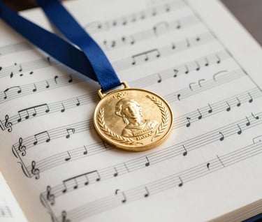 A stylized, high-contrast photo of an open sheet music score with hand-written performance notes and a gold medal resting on the page. The aesthetic is scholarly and artistic, using #2B2D42 and #F5F0EC colors.
