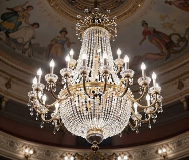 A low-angle shot of a grand chandelier in a historic theater, sparkling with light. The ceiling features classical frescoes. Palette includes #F5F0EC and #C8B8B8.