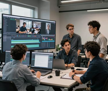 A group of creative directors and editors collaborating in a modern South American office, large screens showing video timelines, professional and focused atmosphere, neutral gray tones.