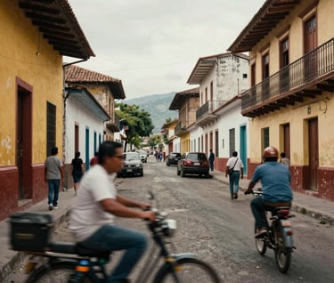 Photography of a vibrant street scene in a South American city, blurred movement to convey energy, rich textures, captured for a commercial thumbnail.
