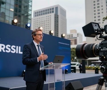 A video thumbnail showing a high-tech corporate event in a Brazilian metropolitan center, professional stage lighting, cinematic depth of field with a focus on a speaker, navy blue accents.