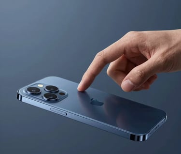 A minimalistic video thumbnail of a technology brand commercial. Clean composition featuring a hand interactng with a sleek device, soft studio lighting, and a palette of steel blue and dark navy.