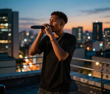 A high-energy music video thumbnail of an artist performing on a São Paulo rooftop at dusk. Vibrant urban lighting, cinematic blue and orange hues, with city lights blurred in the background.