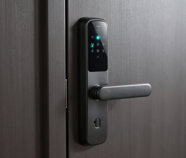 Sleek smart lock integrated into a dark metal door, subtle cyan status indicator glowing softly in the dark
