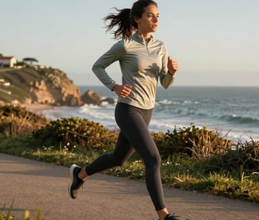 A dynamic photography shot of Fernanda jogging along a scenic coastal path. She is wearing silver sage and charcoal gear. The lighting is golden hour, warm and inspiring, showcasing movement.