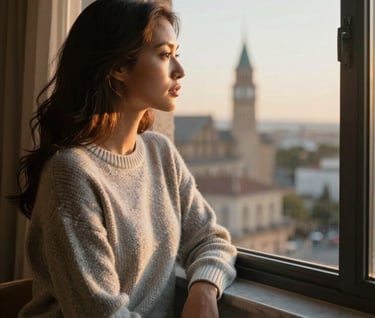 A woman looking out a window at a travel destination, wearing a neutral knit sweater, soft silver sage tones in the room, golden hour lighting.