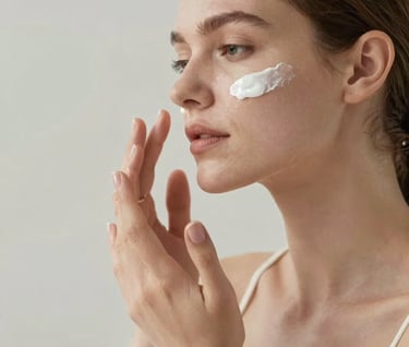 Lifestyle shot of a woman peacefully applying moisturizer, shot from a side angle. The color palette is dominated by Warm Off-White and Soft Silver Mist, creating an airy and inspiring mood.