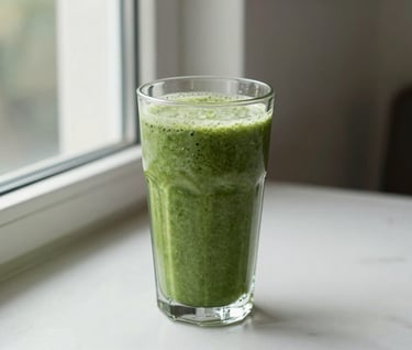 A lifestyle shot of a healthy green smoothie in a glass, placed on a table next to a window. The color palette features moss green and alabaster whites, creating a refreshing and clean fitness aesthetic.