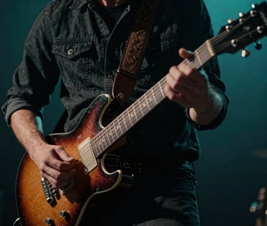 Action shot of hands playing a guitar solo, motion blur on the fingers, dark and moody rock aesthetic, deep sea teal backlighting, cinematic grain.
