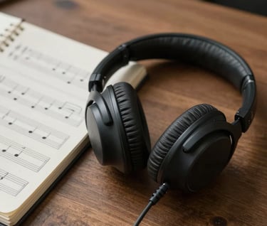 A pair of professional studio headphones resting on a wooden table next to a music notebook with handwritten chords. Atmospheric lighting with soft off-white and muted slate grey.