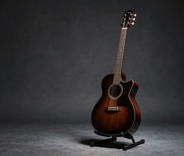 A minimalist home studio setup in deep charcoal black, a single spotlight hitting a vintage guitar on a stand, muted slate grey shadows, cinematic atmosphere.