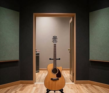 A wide cinematic shot of a recording studio interior. In the center, a guitar stands on a rack. The walls are charcoal black with muted slate green acoustic panels. Soft off-white light spills from a doorway.