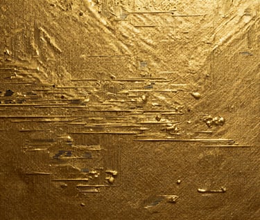 A macro photograph of a textured canvas surface where metallic Burnished Gold paint has been applied in sharp, intentional patterns that mimic digital glitch art and pixelated data streams. The lighting is high-key, highlighting the metallic shimmer against the texture.