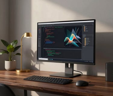 A minimalist, modern workspace captured in soft morning light. On a dark wooden desk sits a large monitor displaying complex lines of code and a generative visual preview. The room is decorated with subtle Burnished Gold accents and a single architectural plant.