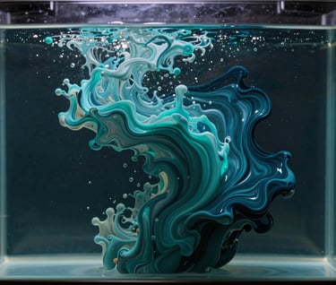An abstract, high-speed photograph of fluid liquids in Deep Atlantic Teal and Dark Midnight Navy swirling together in a clear tank. The motion creates a nebula-like structure, representing the fluidity of data. Soft studio lighting creates depth and highlights the viscous texture.