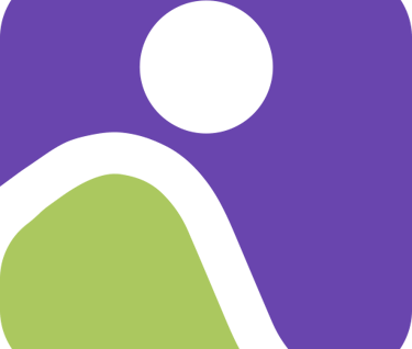 a purple and green logo with a person in the middle