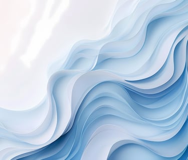 Illustration abstraite en couches fluides et superposées de dégradés bleus et blancs.