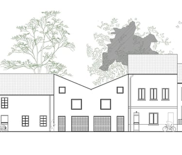 a drawing of a house with a large tree in the background