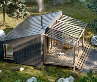 a small cabin with a wooden deck and a wooden deck