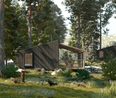 a cabin with a dog and a dog in the woods