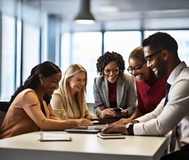 A dynamic photograph of a diverse group of educators and administrative staff collaborating over a digital device,
