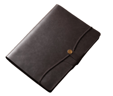 a brown leather folder with a buttoned closure
