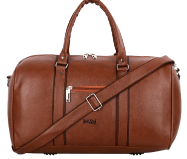 a brown leather duffel bag with a logo and shoulder strap with metal fittings