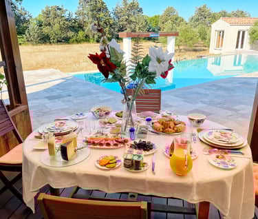 The grand, copious three-time breakfast with organic produce at Domaine Des Lucques