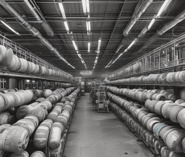 A wide warehouse aisle featuring rows of large parmesan cheese wheels aging on industrial storage racks.