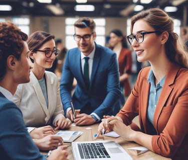 A metallic robotic hand and a human hand point towards each other at the center. Between them, there is a stylized, crystal-like representation of the letters 'AI'. The background is a gradient of orange shades.