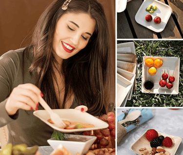 a woman is eating fruit and vegetables in eco friendly bagasse plate and wooden cutlery