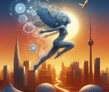 An innovative woman flying through the air with a bird in the sky over the community