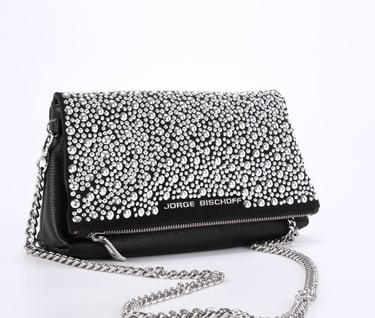 a black clutch bag with a chain link chain