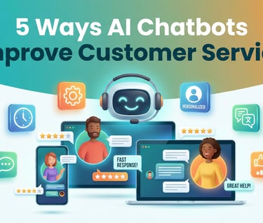 Happy customers interacting with friendly AI chatbot showing fast response and customer service feat