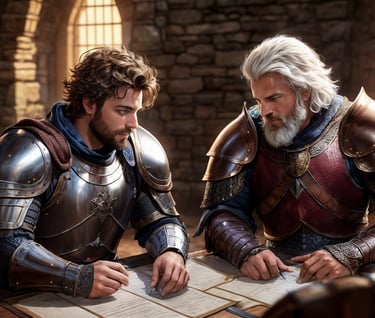 two men in armor playing dungeons and dragons or pathfinder
