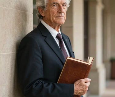 A senior student in a North American / US high school setting, leaning against classic architecture, holding a leather-bound book. Warm, nostalgic lighting, soft shadows, sophisticated atmosphere.