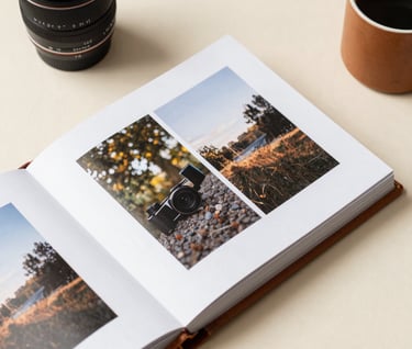 A top-down aesthetic shot of a leather-bound photography album and professional prints on a cream colored surface, clean and modern presentation with warm espresso accents.