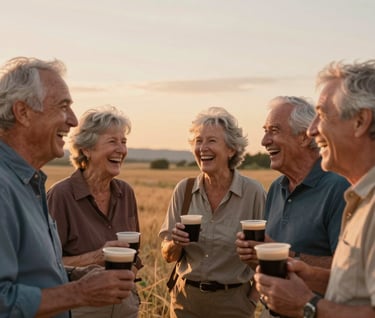 A group of senior friends laughing together in a field during a North American sunset, capturing a moment of pure joy and togetherness, warm espresso and sand color palette.