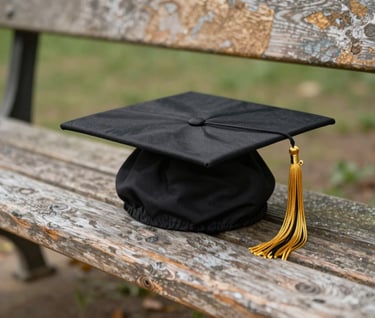 A detailed shot of a graduation cap with a tassel resting on a vintage wooden bench, soft focus on a North American park background with warm stone and beige tones, reflecting the significance of graduation.