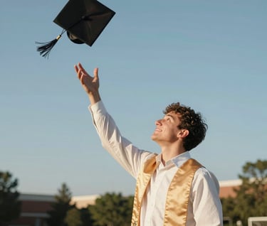 A candid photography shot of a senior student in their graduation cap, tossing it into the air against a clear North American sky. The lighting is bright and cheerful, highlighting Cream and Tan tones in the clothing and surrounding landscape.