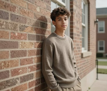 Photography of a senior high school boy leaning confidently against a weathered brick wall of a classic North American school building. He wears a stylish casual sweater. Soft, natural daylight creates gentle shadows. Timeless style with taupe and sand colors.
