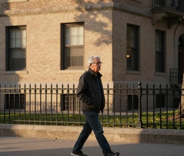 A senior student walking through an urban North American / US park with classic brick architecture and wrought iron fences. Sophisticated style, golden hour lighting, with tones of beige and dark brown in the composition.