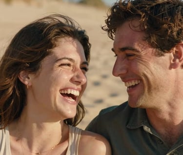 A close-up of a couple laughing candidly, authentic emotion, North American / US setting, warm sun-drenched highlights against a soft warm sand background.