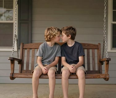 Two young siblings sitting on a porch swing of a North American / US home, sharing a secret. Soft morning light, authentic expressions, cinematic composition with soft sand and muted cocoa brown tones.