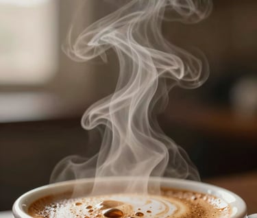 Macro shot of coffee steam in the morning light, cinematic depth of field, warm earthy palette.